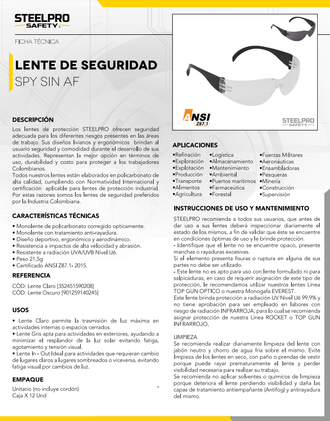 Lente de Seguridad Spy, STEELPRO - Minería Epp Colombia.